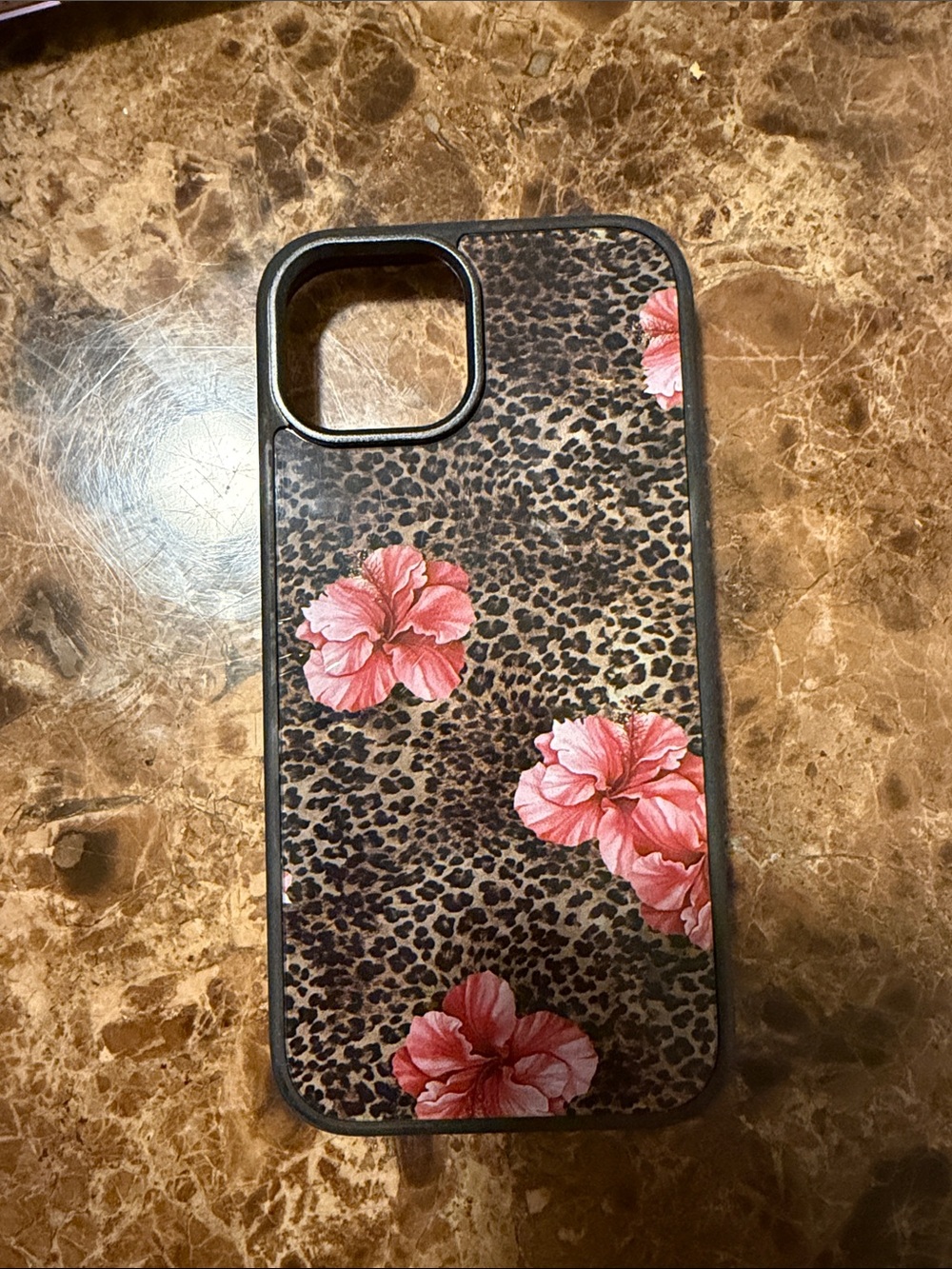 Leopard Print iPhone 15 Case with Pink Floral Accents
